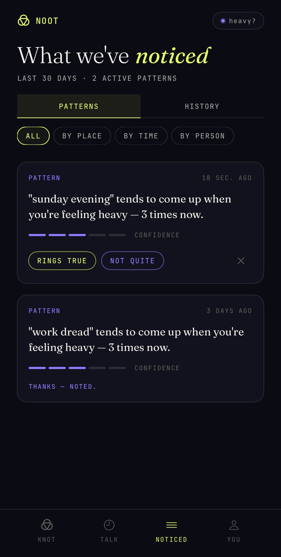 Noot beta — Noticed screen showing surfaced patterns