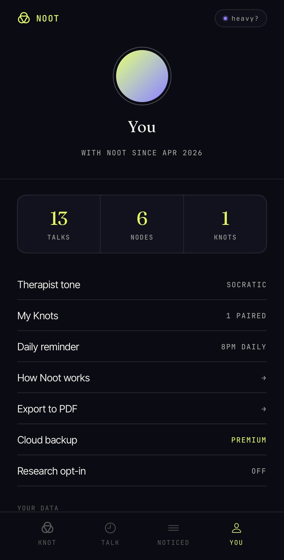 Noot beta — Profile and settings screen